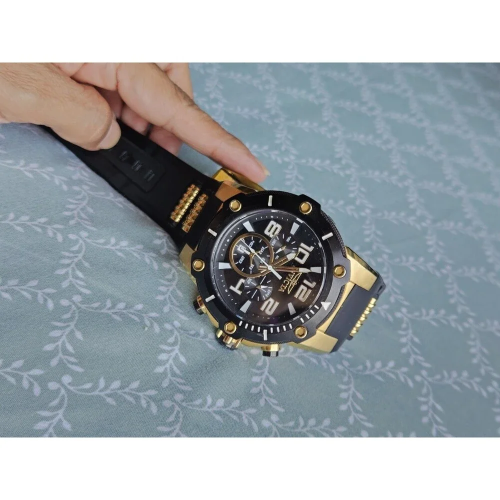 Invicta Men's Chronograph Quartz Wristwatch Black Gold Rubber Band 100m
